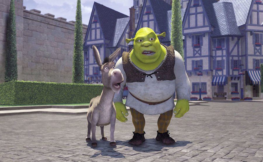 Shrek and Donkey looked shocked in a still from Shrek. 