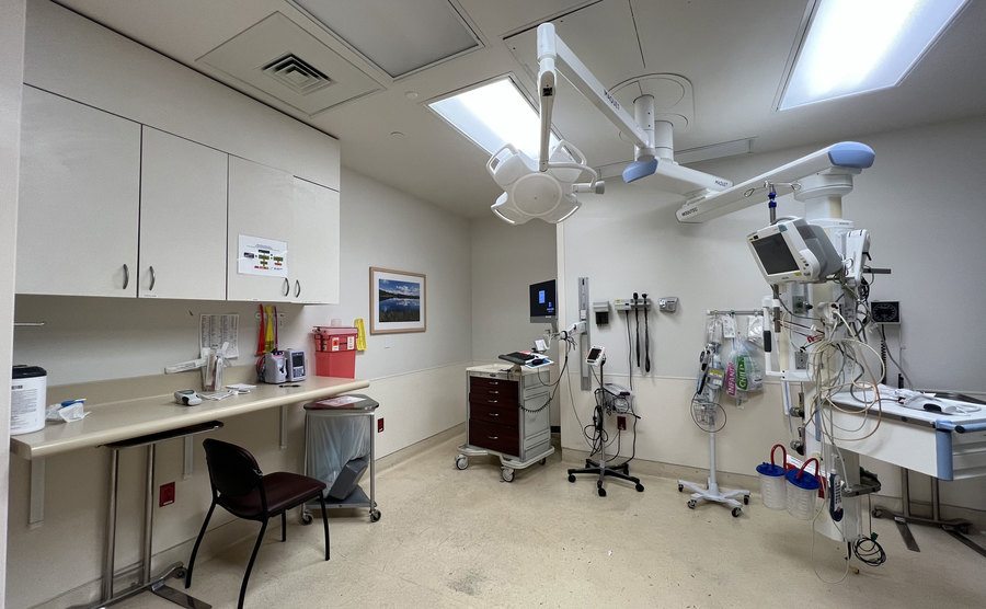 An interior shot of a hospital emergency room.