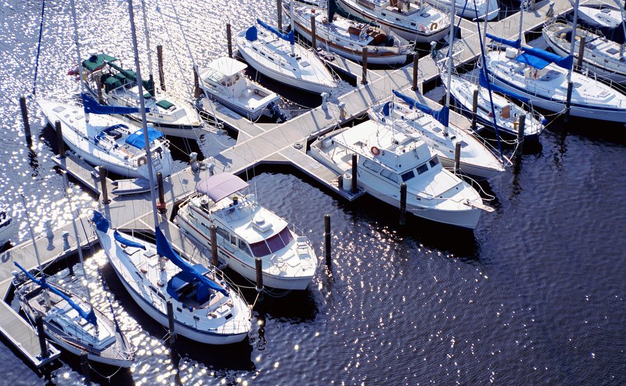 An aerial view of boats in a marina.