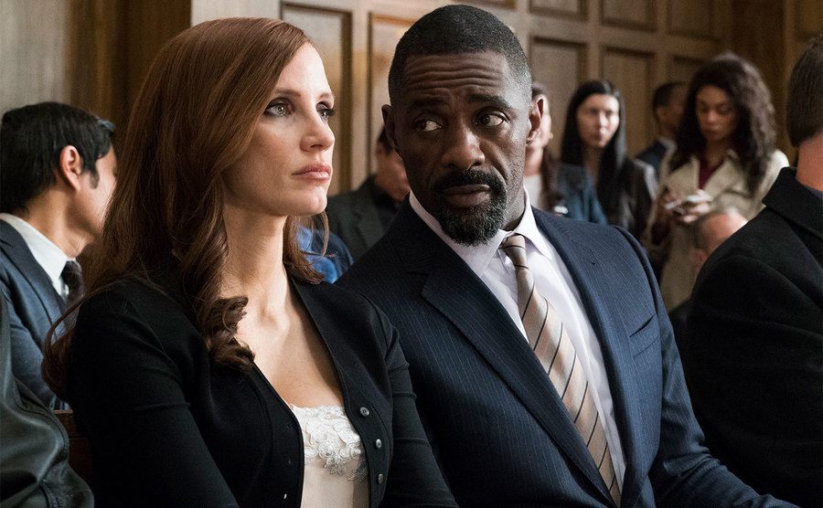 Jessica Chastain and Idris Elba in a still from Molly’s Game.