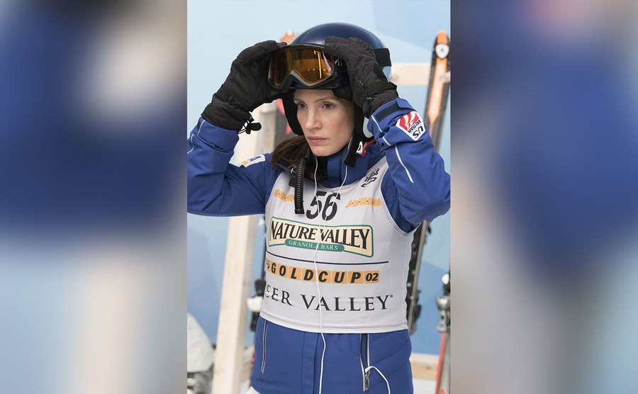 Jessica Chastain, as Molly Bloom, prepares for her Olympic ski run.