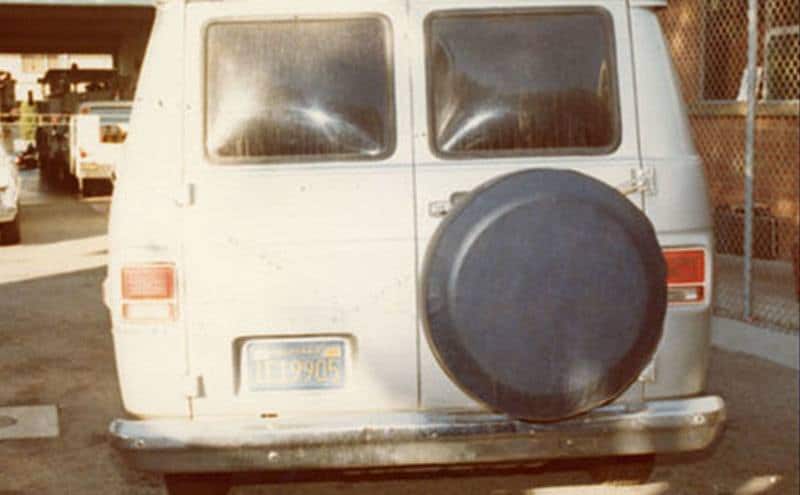 An exterior shot of the van used to kidnap victims.