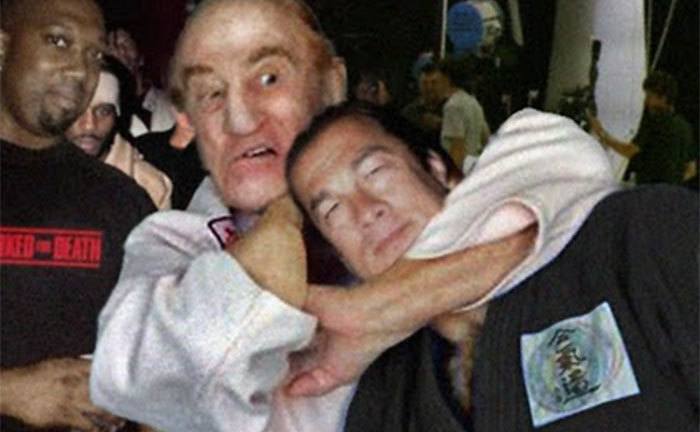 Steven Seagal is trapped in a chokehold by Gene LeBell
