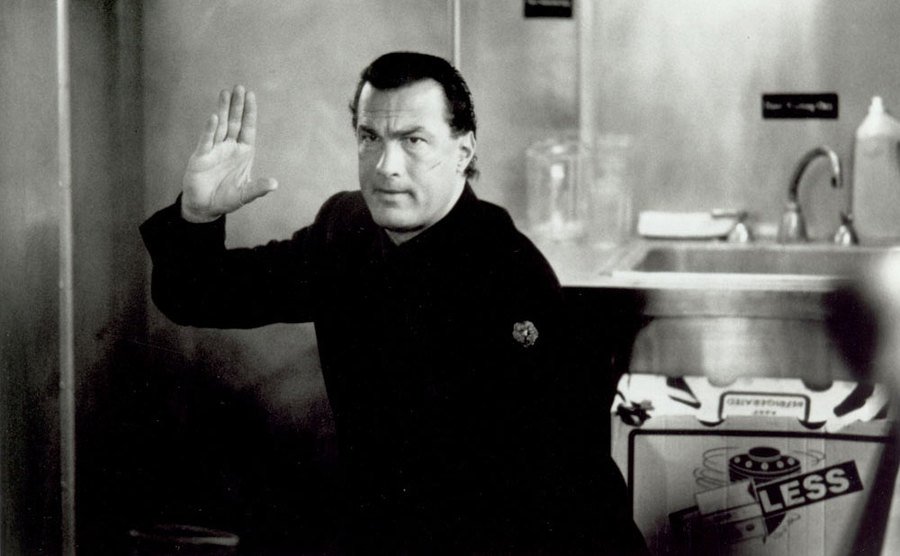 Seagal is in a fighting stance.