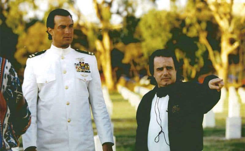 Steven Seagal and Nasso on a film set.