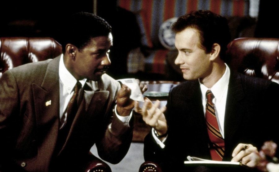 A still of Washington and Tom Hanks in a scene from the film.