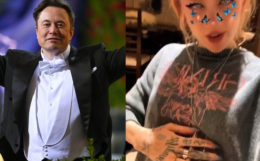 A picture of Elon Musk / Grimes takes a photo showing her pregnant belly.
