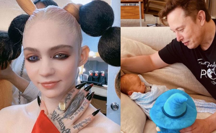 A photo of Grimes / A picture of Elon Musk with his newborn son.