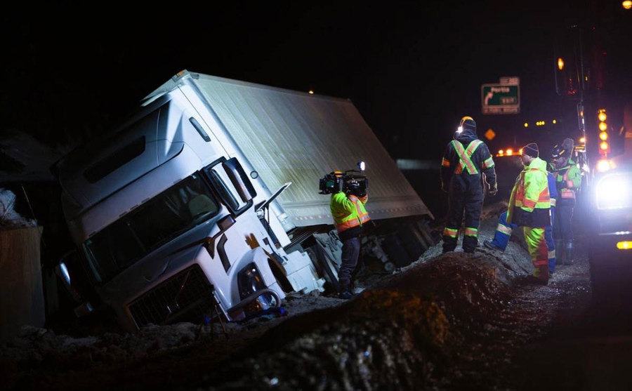 A still from a truck accident in an episode from the show.