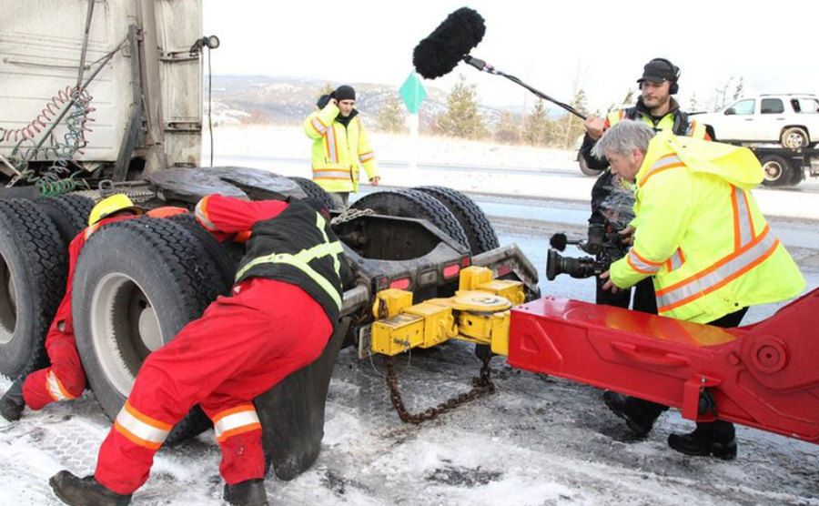 A photo of the filming crew on a stormy, snowy day.