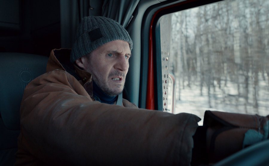 A still of Liam Neeson in the movie The Ice Road scene.