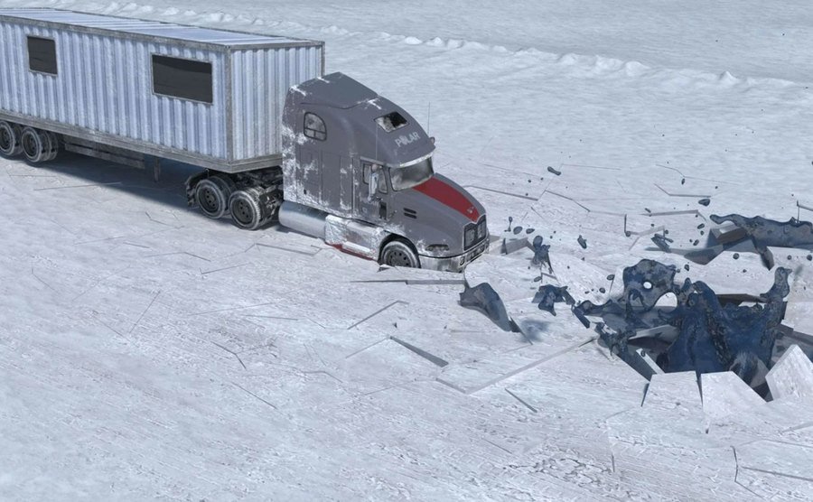 A still of a truck breaking through ice.