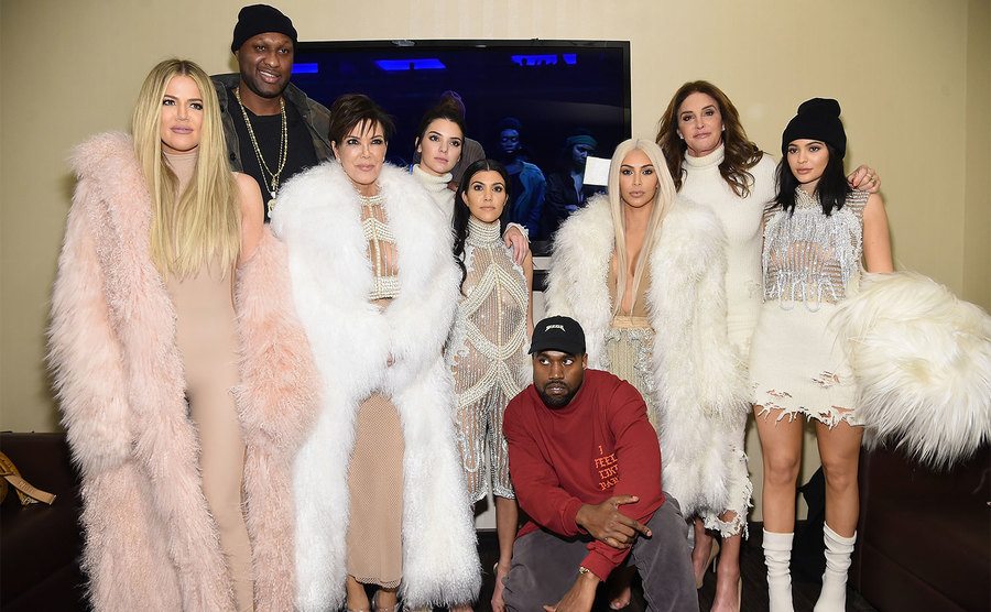 Khloe Kardashian, Lamar Odom, Kris Jenner, Kendall Jenner, Kourtney Kardashian, Kanye West, Kim Kardashian, Caitlin Jenner, and Kylie Jenner attend Kanye West Yeezy Season 3 event.