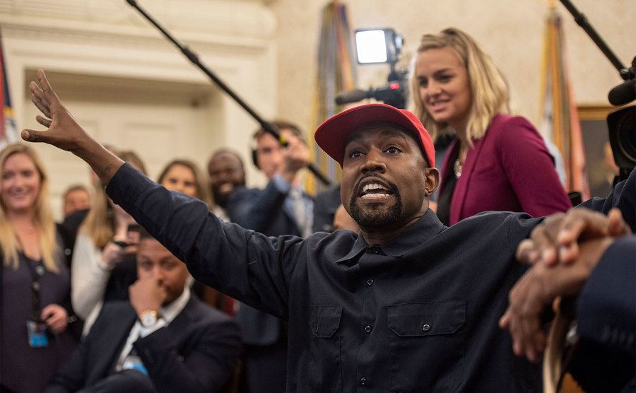 Kanye West speaks during a meeting with President Donald Trump in the Oval Office