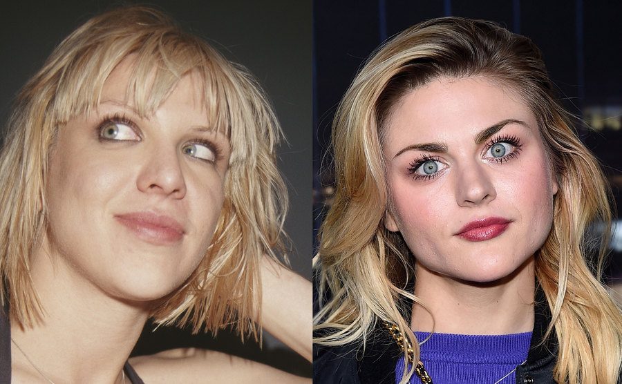 A photo of Courtney Love then / A picture of Frances Bean Cobain.