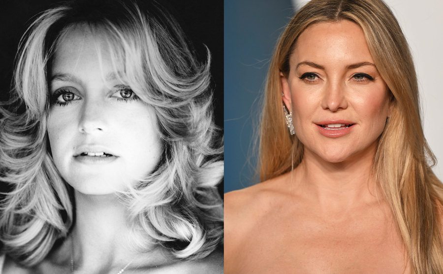 A dated portrait of Goldie Hawn / A photo of Kate Hudson.