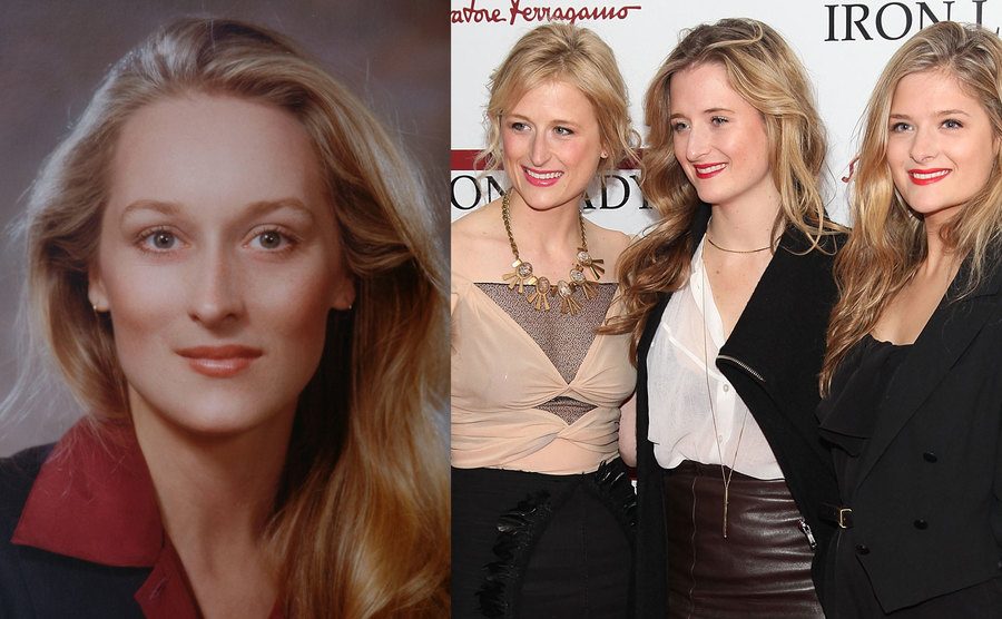 A photo of Meryl Streep then / A picture of Mamie, Grace, and Louisa Gummer.