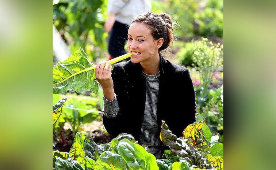Olivia Wilde takes a bite out of a green leaf in the garden.