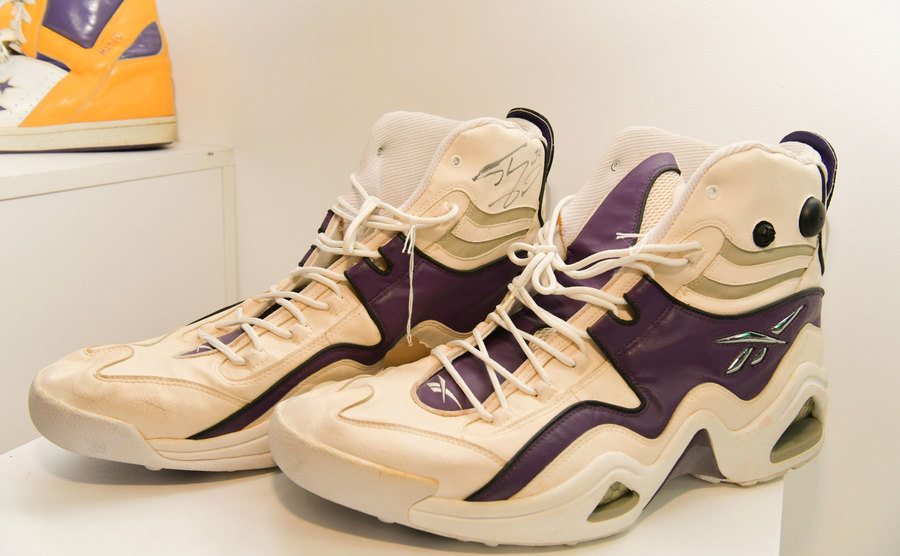A photo of Shaquille O'Neal’s autographed basketball shoes.