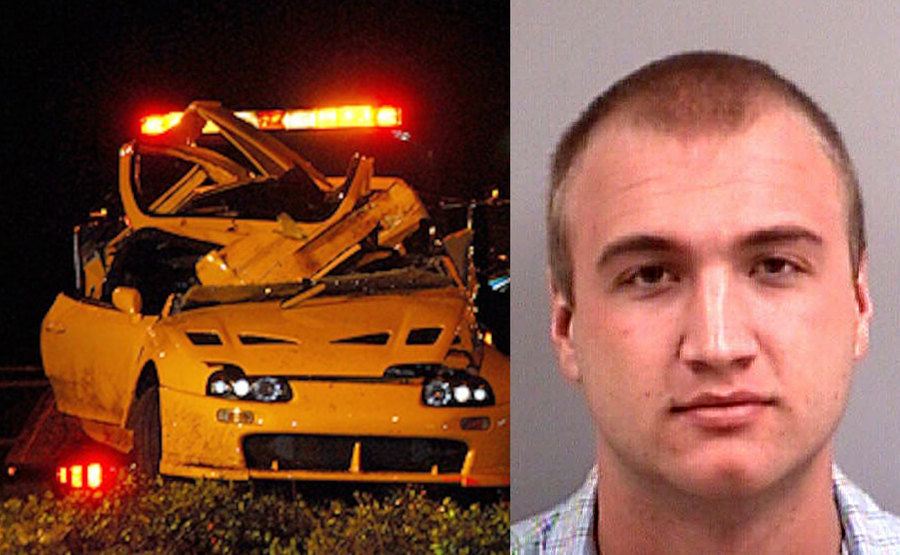 A photo of the wrecked car / A mugshot of Nick Hogan.