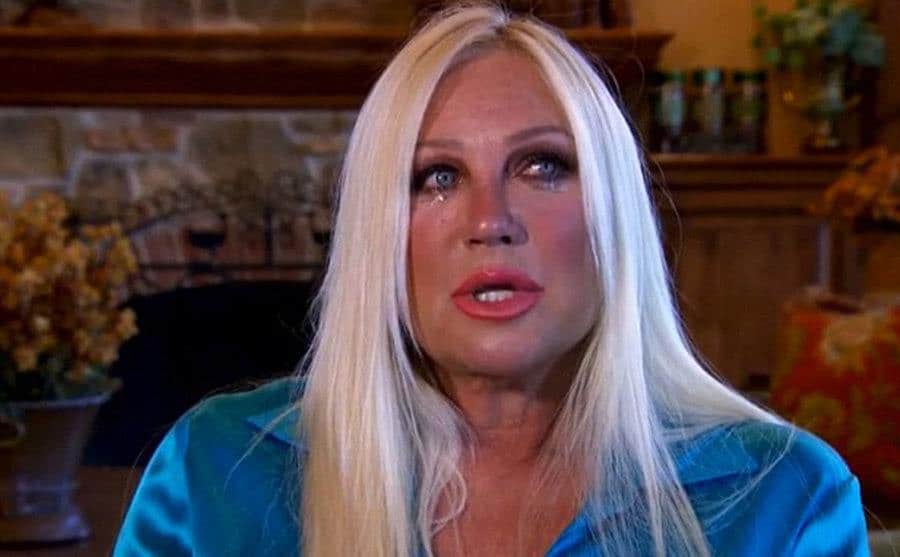 Linda cries as she speaks during an interview.