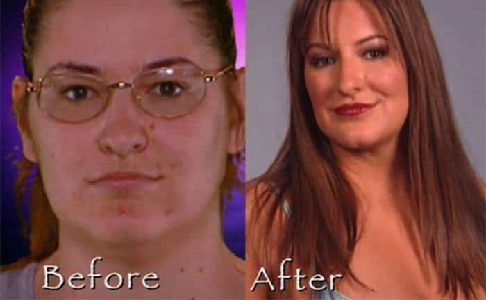 Before and after photos of a Swan contestant.