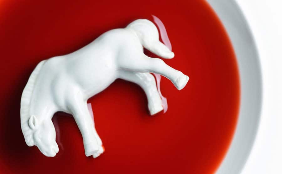 An image of a plastic horse on an eating plate.