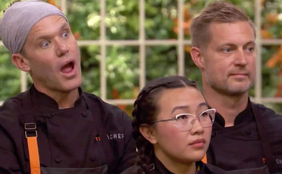 A closeup on contestants of season 9 during an episode.