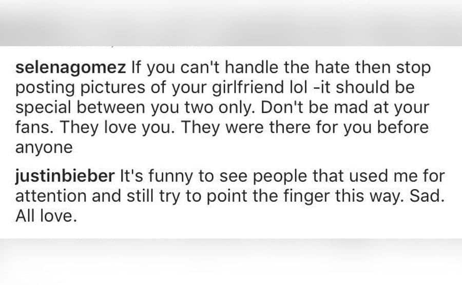 The comments Justin and Selena left each other.