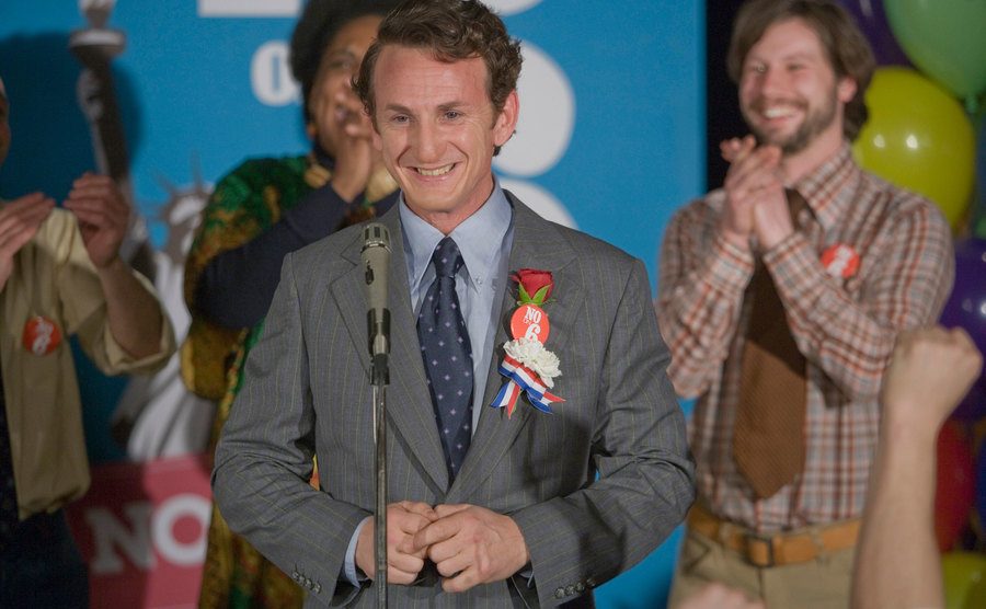 A still of Sean Penn in a scene from Milk.