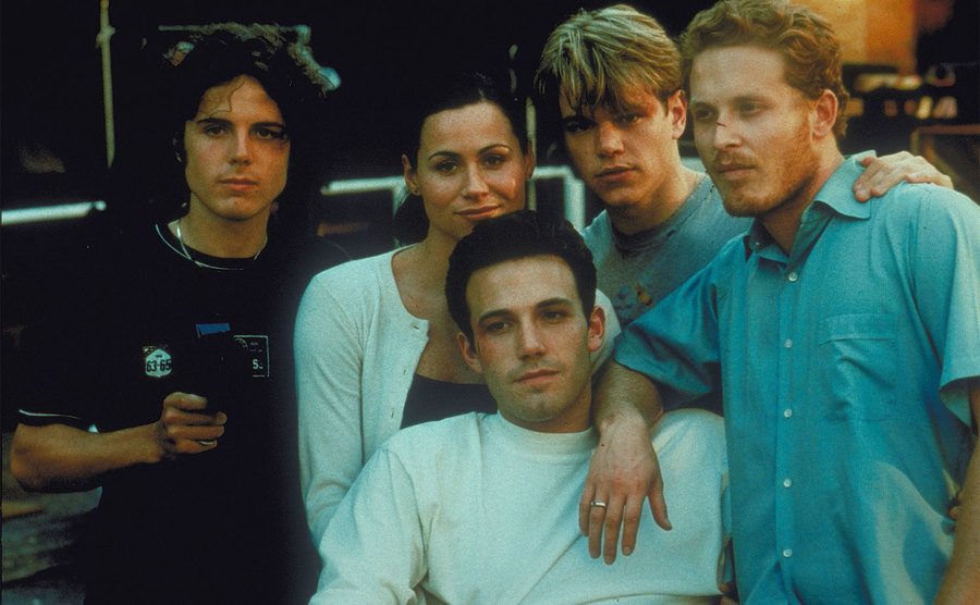The cast of Good Will Hunting poses together on set. 