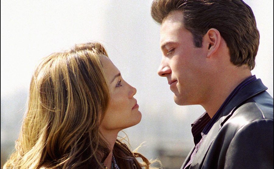 Jennifer Lopez and Ben Affleck stare into each other eyes in a still from Gigli. 