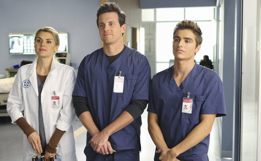 Eliza Coupe, Michael Mosley, and Dave Franco in Scrubs.