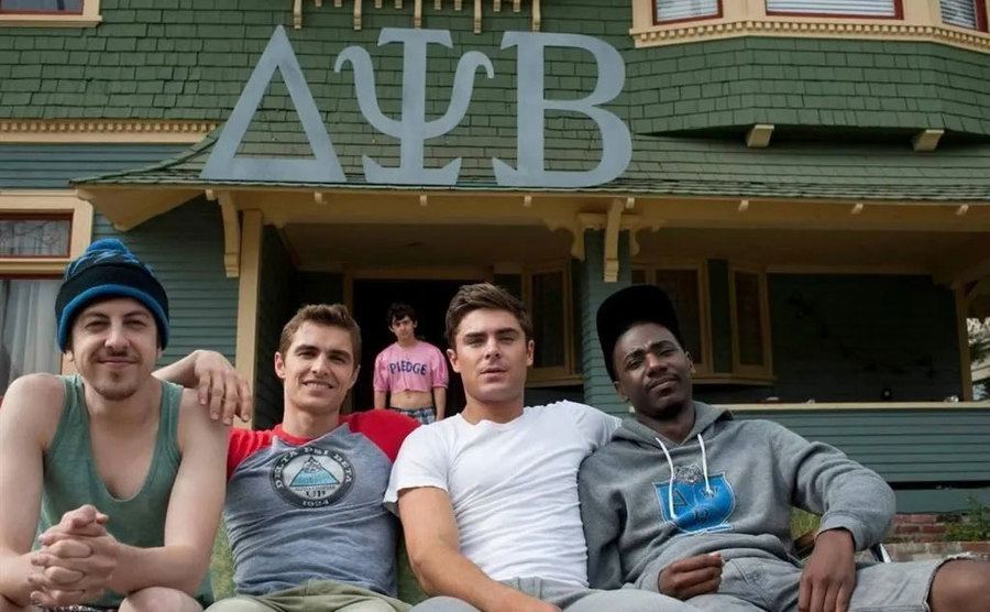 Christopher Mintz-Plasse, Dave Franco, and Zac Efron on the set of Neighbors.