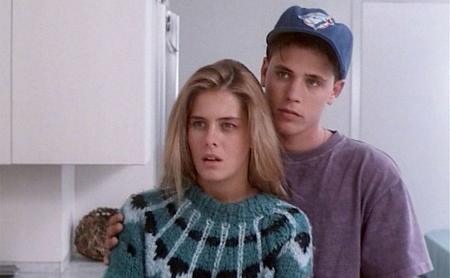 An image of Eggert and Haim on a filming set.