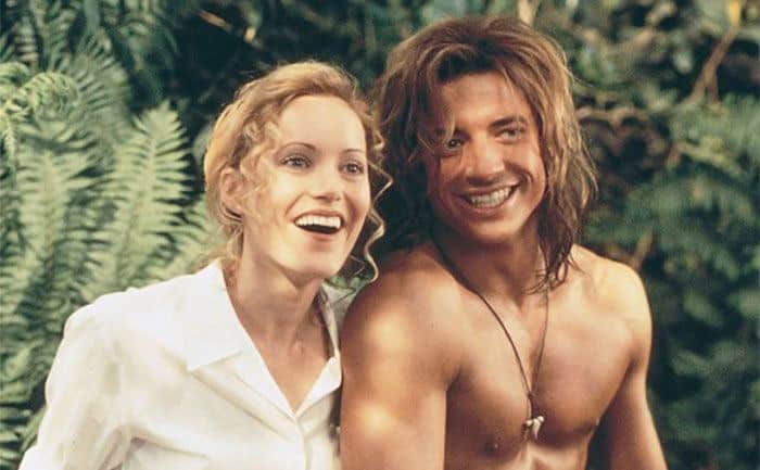 Mann and Fraser share a laugh on the set of George of the Jungle.
