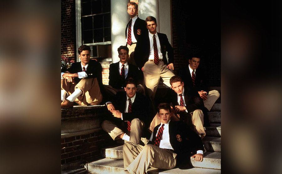 The cast of School Ties poses on set.