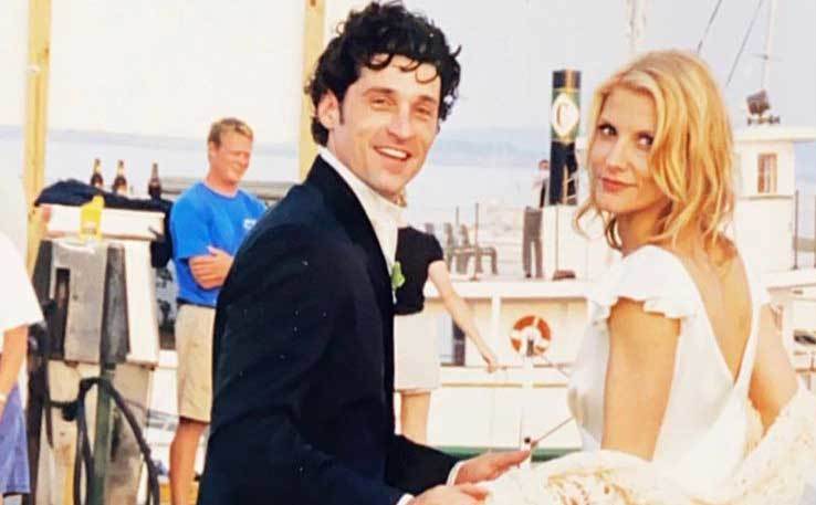 Patrick and Jillian Dempsey are on the peire in their wedding clothes.