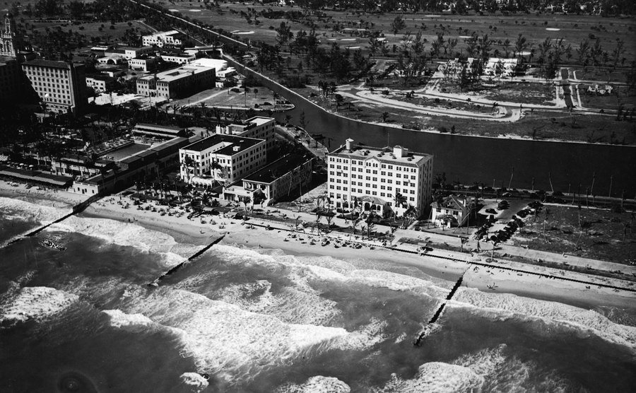 An aerial view of the Miami coastline.