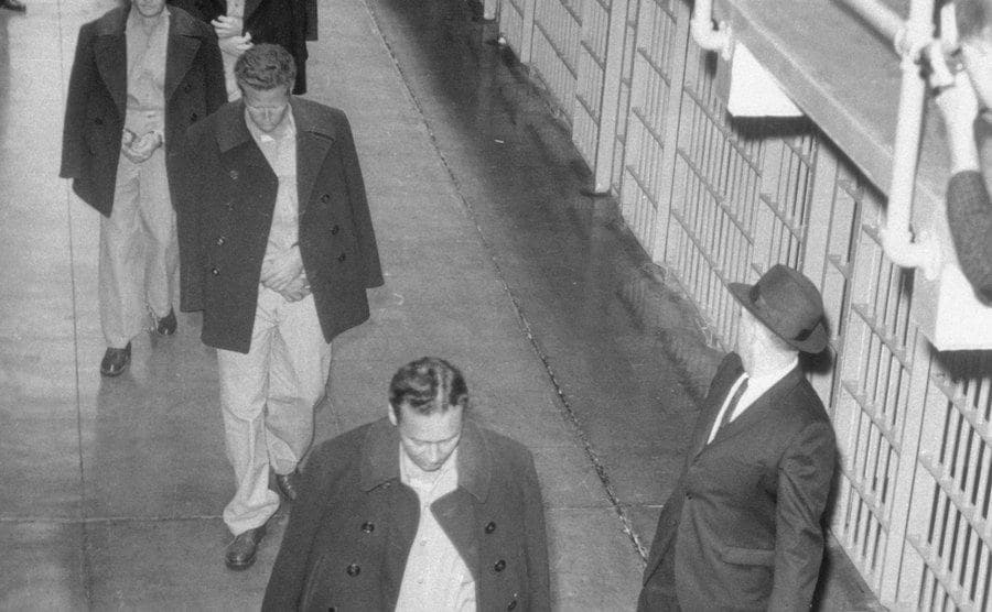An image of prison inmates leaving Alcatraz prison.