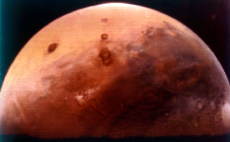An exterior view of the planet of Mars.