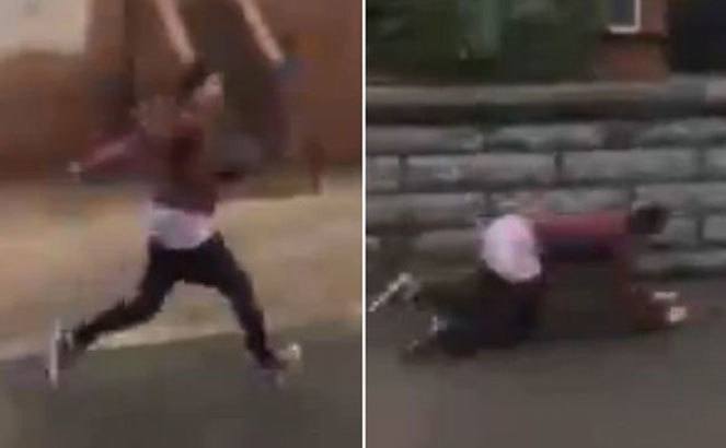 A man is running and keeps falling because his pans are falling.
