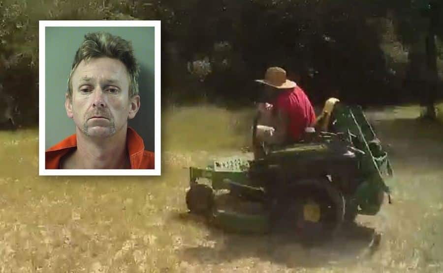 Dusty Mobley’s mugshot / A man running a lawn mower.