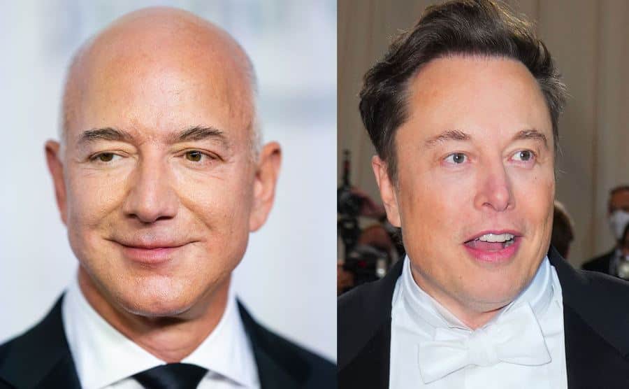 Musk attends an event / A portrait of Bezos.