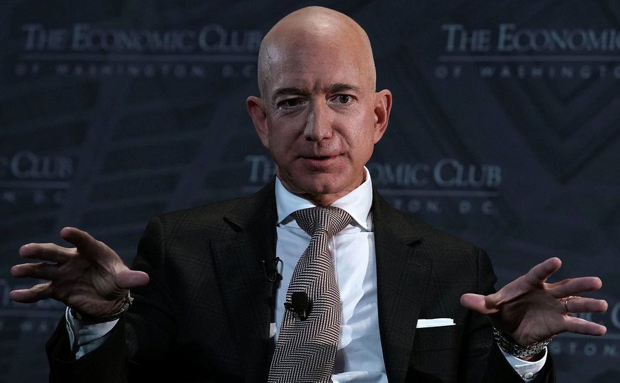 Bezos speaks during a press conference.