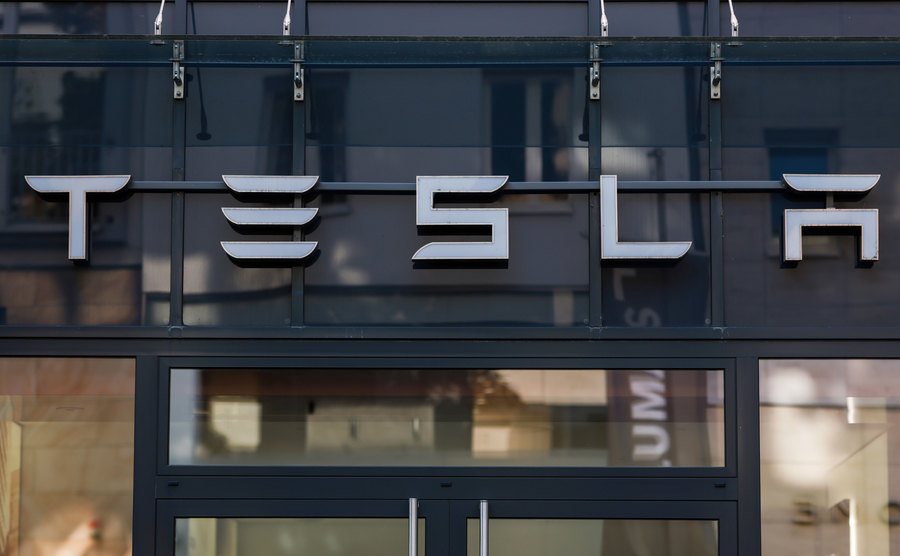 A view of the Tesla logo.