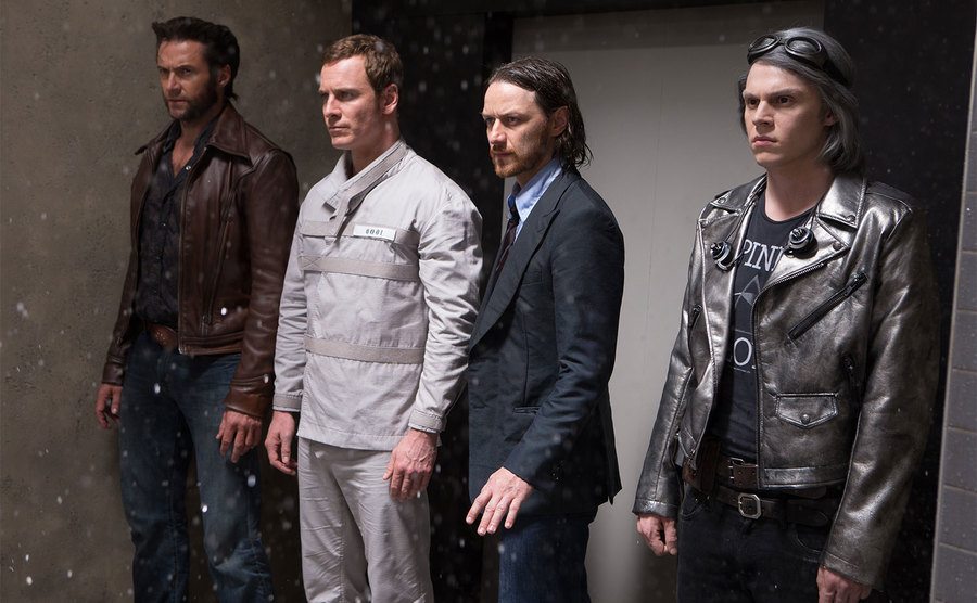 Hugh Jackman, Michael Fassbender, James McAvoy, and Evan Peters filming X-Men: Days of Future Past.