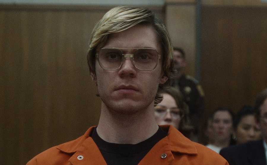 Peters, as Dahmer, sits in court.