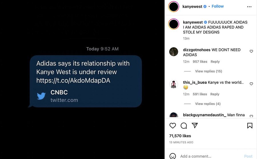 Kanye reacts to Adidas in an Instagram post.