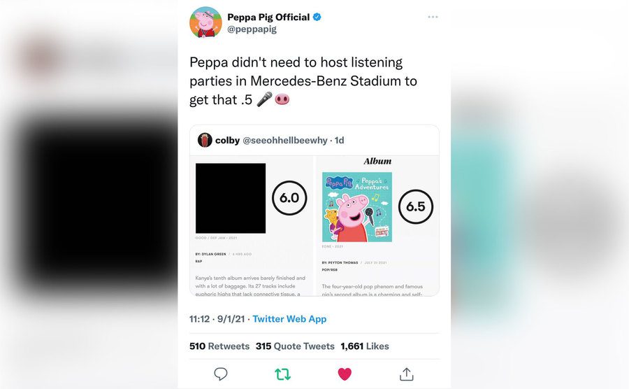 The tweet Peppa Pig responded to Kanye.